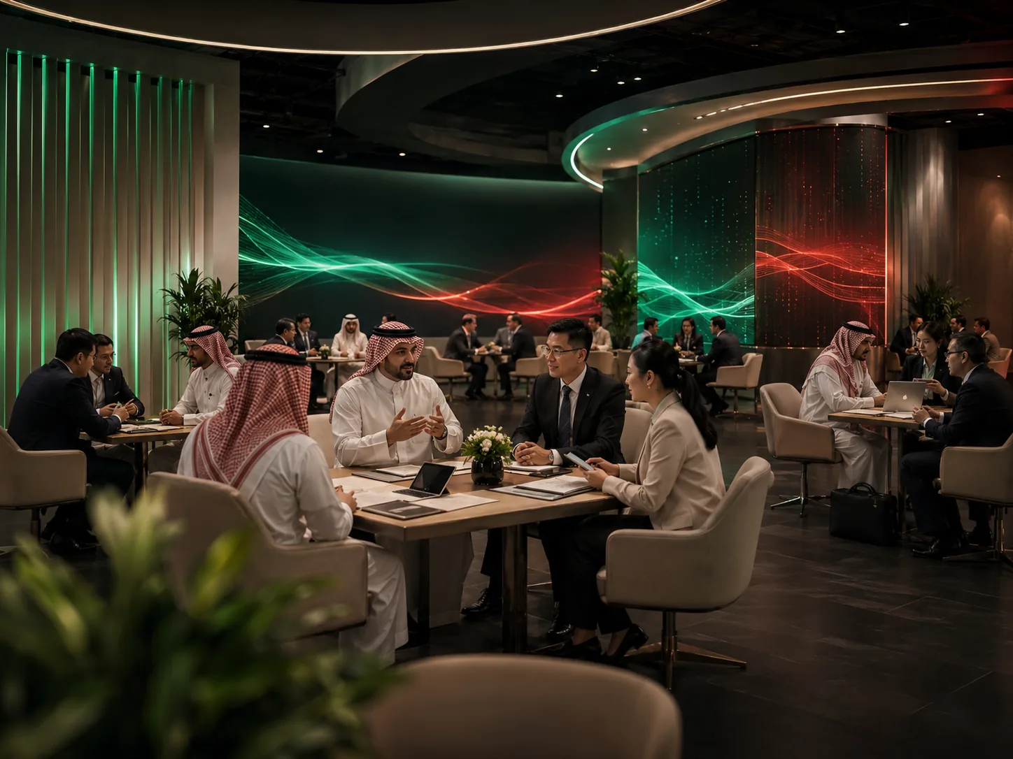 Saudi and Chinese delegates meeting at tables in the forum business lounge